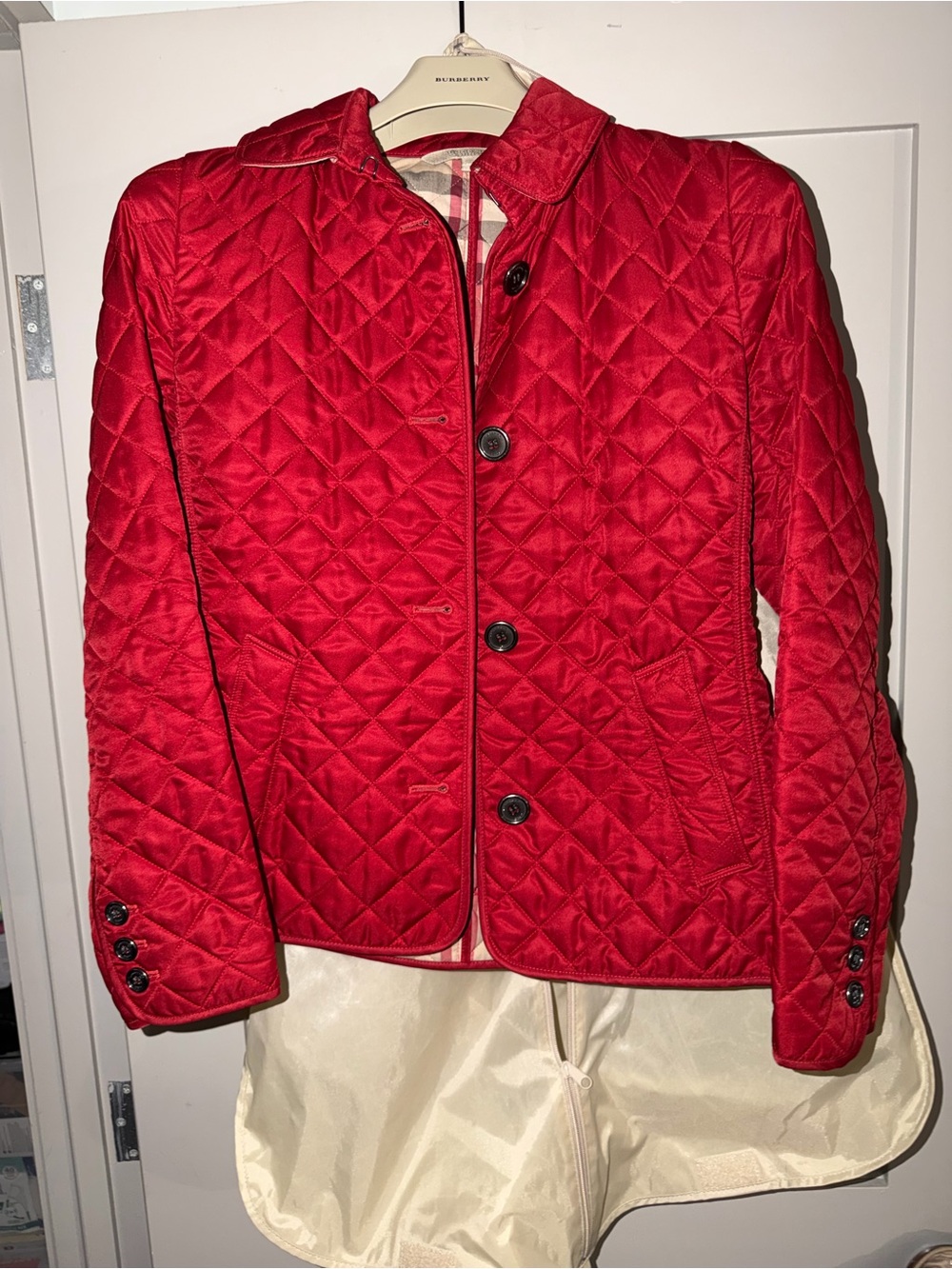 Classic Burberry Quilted Red Women's Button-Front Jacket